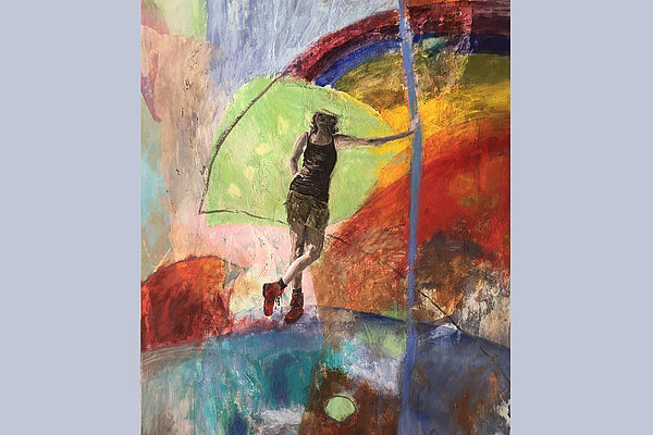 Künstlerin, Kunsttherapeutin, Visionärin und Aktivistin – so beschreibt sich Angela Katschke. Dieses Bild (Ausschnitt) entstand um ihren 50. Geburtstag herum. Es trägt den Titel "Etwas zum Festhalten". "Ich fand es – trotz aller beruflichen Erfolge – sehr schwierig, mich im Land sozial zu verankern", sagt Angela Katschke dazu rückblickend.