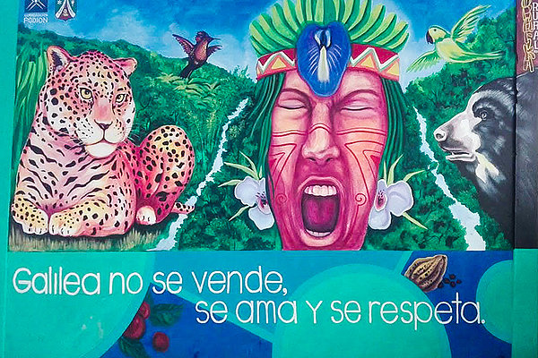 „Galilea wird nicht verkauft – er wird geliebt und respektiert“: Mit farbenfrohen Wandbildern an Häuserfassaden der Tolima-Provinz macht PODION darauf aufmerksam, was durch die Abholzung des letzten Nebelwaldes der Region auf dem Spiel steht.  