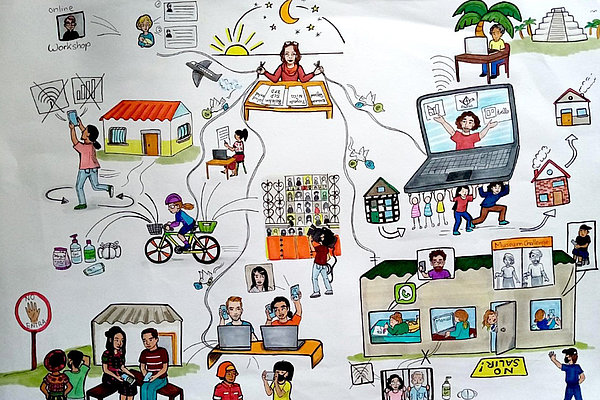 "Wimmelbild" mit allen ZFD-Fachkräften Mittelamerika, pointiert dargestellt bei ihren Aktivitäten von Anna Theissen.
