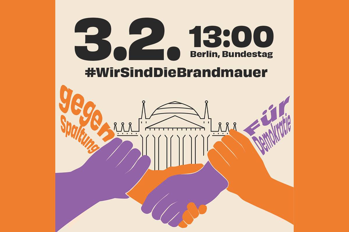 Logo von "Hand in Hand - jetzt solidarisch aktiv werden!" mit dem Aufruf zum Aktionstag am 3. Februar in Berlin auf der Bundestagswiese.